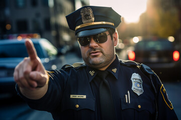 Young man woman working as police officer or cop closeup portrait blurred city background Generative AI
