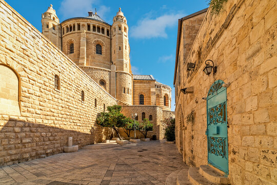 Narrow street and Dormition Abbey in Jerusalem, Israel.