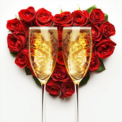Red roses, love, heart, champagne, glass goblet, celebration, valentine's day, red.