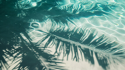 Tropical leaf shadow on water surface. Shadow of palm leaves on white sand beach - obrazy, fototapety, plakaty