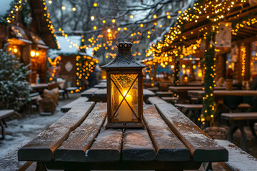 Lantern decoration on snowy outdoor table at Christmas market