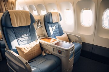 Airplane cabin interior with empty comfortable seats in first class with windows. Air transport. Generated by artificial intelligence