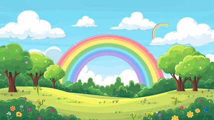 Naklejka premium Illustration of a beautiful summer landscape with a rainbow