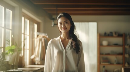 Obraz premium Passionate young Asian designer tailor girl in home tailor business
