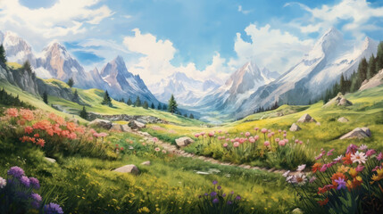 Blooming alpine meadow with mountain backdrop under soft clouds. Wall art wallpaper - obrazy, fototapety, plakaty