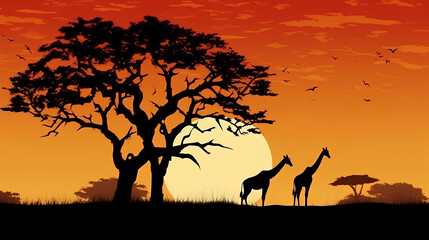 The silhouette of a giraffe at a red-orange sunset in the savannahs.