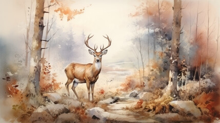 Deer in autumn forest watercolor vintage mural. Wall art wallpaper