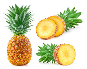 Fresh organic pineapple with leaves isolated on white background