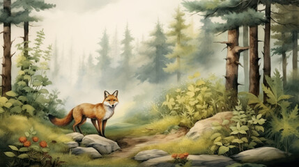 Alert red fox in lush forest landscape. Wall art wallpaper