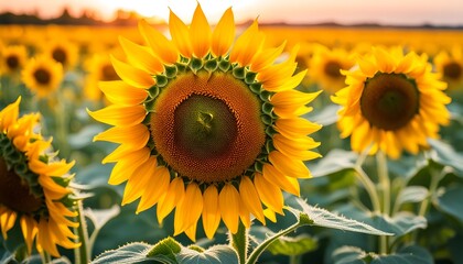 Fototapeta premium Sunflowers macro photography - sunflowers at beautiful sunset. Happiness, joy and enjoyment.