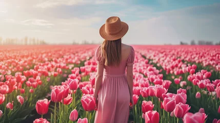Fotobehang Young woman tourist in pink dress and straw hat standing in blooming tulip field. Spring time, rear view © standret
