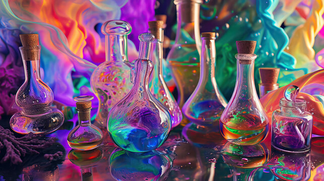 Colorful Vials in Hand, the Potion-Brewing Alchemist Conducts Experiments in a Fantastical Laboratory with Animated, Magical Ingredients in a Vivid and Colorful