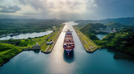 A sea container ship sails through the Panama Canal - obrazy, fototapety, plakaty