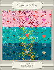 Set of seamless patterns with hand drawn hearts and letters. Valentine s day background. Vector graphic, EPS10