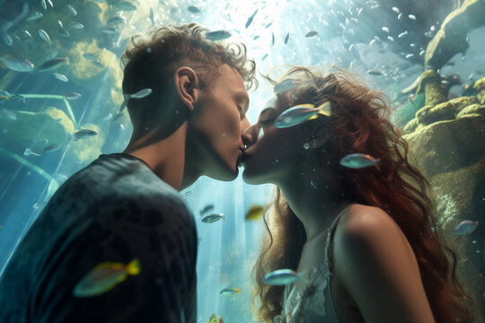 Summer holidays Generative AI picture young couple in love visiting aquarium oceanarium