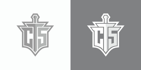 Vector logo design of the initials C T S as a shield and the letter T as a sword.