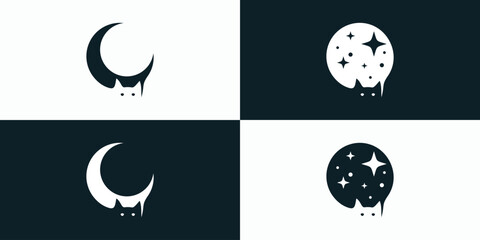 Vector logo design, black and white moon cat illustration collection.