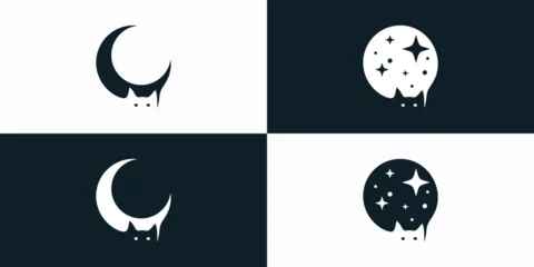 Fotobehang Vector logo design, black and white moon cat illustration collection. © ahmad