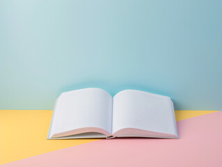 Elegant open blank journal, planner or diary on a pastel background. Clean and untouched pages 