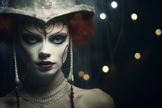 Scary and beautiful circus theme conceptual portrait Generative AI technology man woman performers