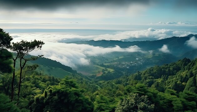 View of the sea of clouds from the top of the mountain peak before storm. Tropical rainforest.