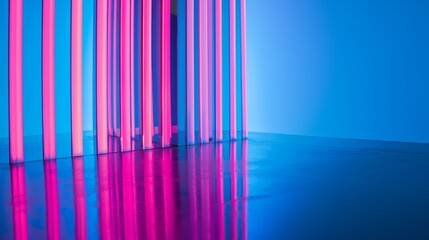 Neon pink and blue vertical lines bend towards the floor, reflecting off a glossy surface against a dark, gradient blue background