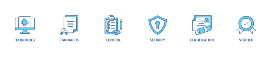ISO27001 banner web icon set vector illustration concept for information security management system (ISMS) with an icon of technology, standards, control, security, certification, and verified - obrazy, fototapety, plakaty