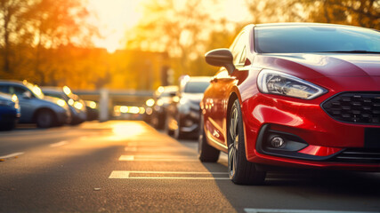 Red car on the road with cars in the background at sunset.