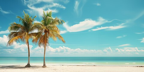 Fototapeta na wymiar Panorama of a beautiful tropical island with palm trees and white sand beach - AI Generated