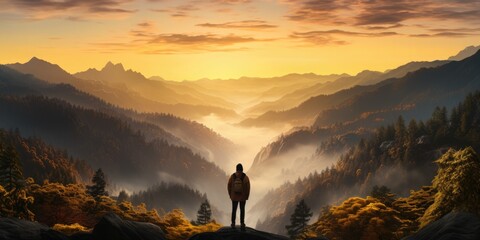 Young man standing and looking at the picturesque valley with a mountain river, as the sun sets in a colorful sky