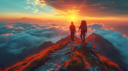 
A heartwarming scene of a hiker helping a friend reach the mountain top. Photography capturing camaraderie and the triumph of shared achievement. - obrazy, fototapety, plakaty
