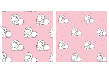 set sleeping rabbit seamless endless pattern vector illustration on a pink background with stars collection