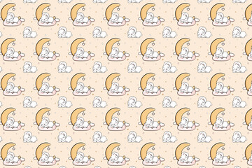 sleeping rabbit on a cloud with moon and stars seamless endless pattern vector illustration on golden background
