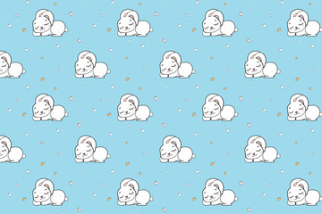 cute sleeping rabbit seamless endless pattern vector illustration on pink background on blue background with stars