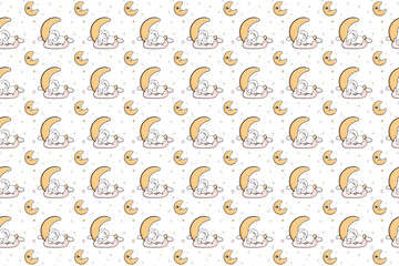 sleeping rabbit on cloud with a golden moon and stars seamless endless pattern vector illustration on white background