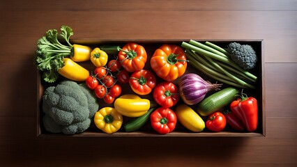 vegetables in a box on the table, top view.