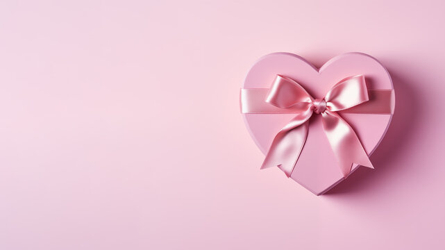 Top view of heart shape gift box on pink background. Template for sale banner, surprise poster and brochure. Celebrate valentine's day, anniversary wedding. Generative ai.