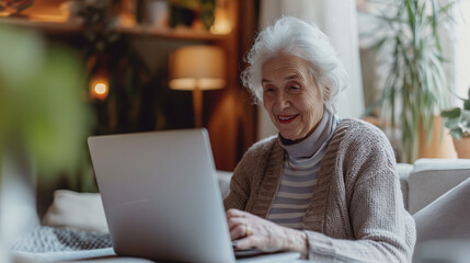 Elderly woman in a video call on her laptop or working. Digital communication in maintaining connections