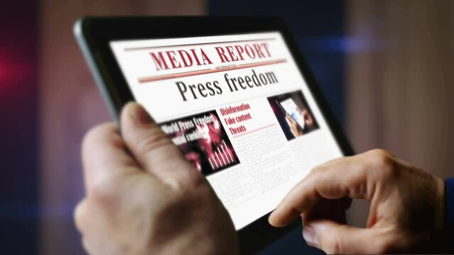 Press freedom and free journalism daily newspaper reading on mobile tablet computer screen. Man touch screen with headlines news abstract concept 3d.
