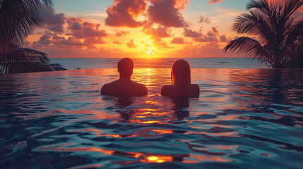 Sunset Serenity: Young Couple Relaxing by Tropical Resort Pool, Embracing the Tranquil Beauty of a Summer Vacation Evening