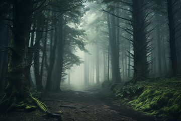 Gloomy and dark foggy forest, landscape