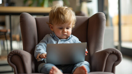 Toddler in a miniature office chair looking at a laptop screen. Playful take on a professional setting. Joy of learning and discovery at an early age