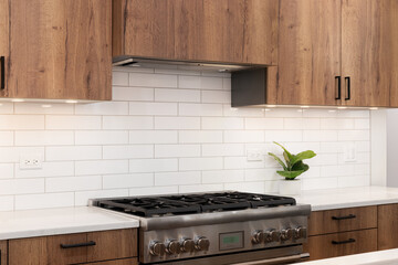 A kitchen detail with wood cabinets with under cabinet lighting, a stainless steel stove, subway...