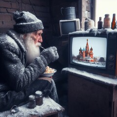 Old man in russia watch tv in frozen room. AI generated illustration - obrazy, fototapety, plakaty