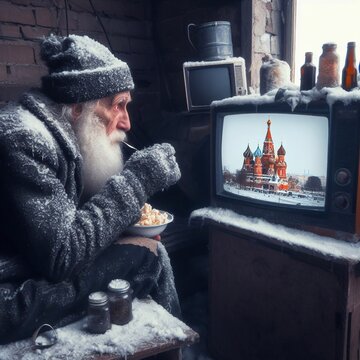 Old man in russia watch tv in frozen room. AI generated illustration