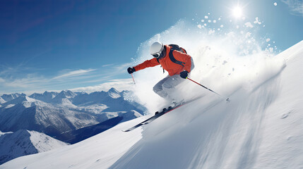 Winter Sports, Professional Skier Jumping on White Snow, Snowboarding Downhill Slope in Mountain Landscape
