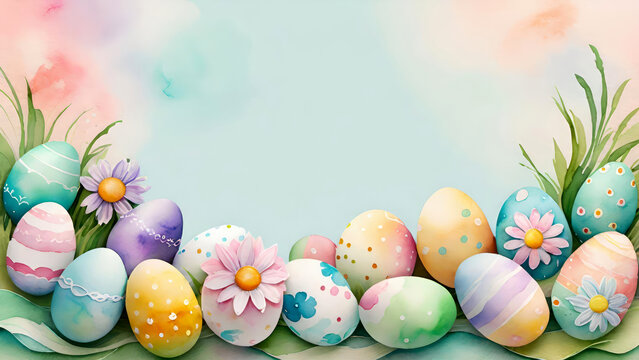 Easter banner or greeting card with colorful festive decorated eggs and spring flowers with space for text.Watercolor water color brush style, pastel handmade technique aquarelle.AI generated