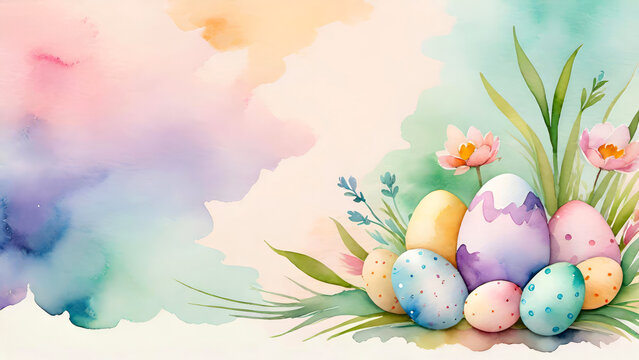 Easter banner or greeting card with colorful festive decorated eggs and spring flowers with space for text.Watercolor water color brush style, pastel handmade technique aquarelle.AI generated