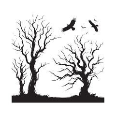 Mystic Canopy: Snag Tree Silhouettes Shrouding the Atmosphere with Nature's Enigmatic Charm - Snag Tree Vector - Dry Tree Silhouette - Horror Tree Silhouette
