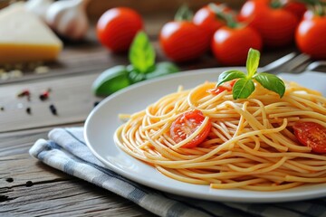 spaghetti with tomatoes and basil on a plate